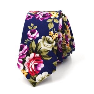 Handmade Navy Blue and Pink Floral Cotton Skinny Tie
